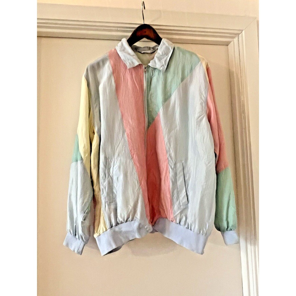 Vtg L Wom BLAIR Silk Pastel Patchwork Geometric LightWeight Windbreak Zip Jacket